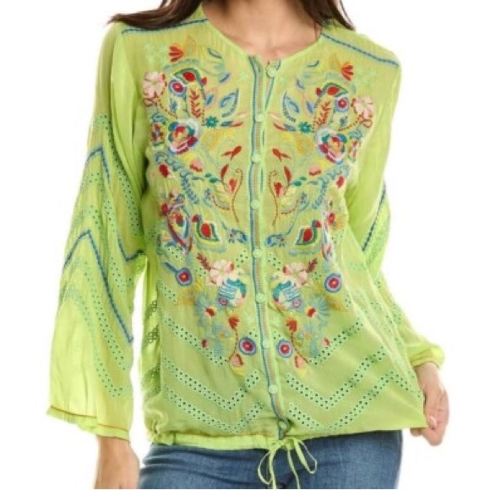 Johnny Was Perica Blouse in lime green Embroidered Large
